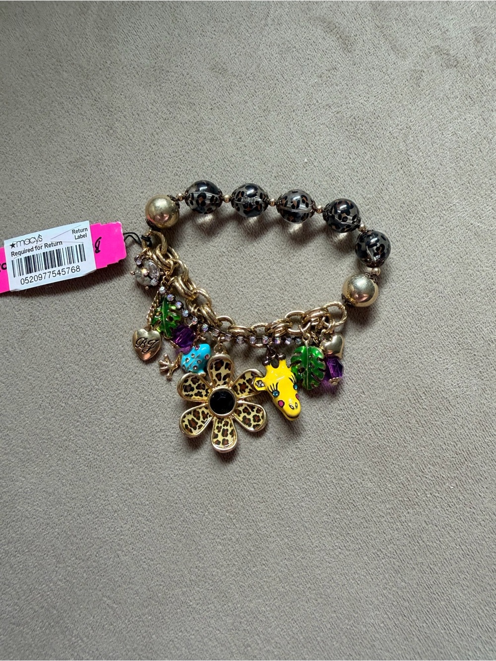 Betsey Johnson Gold-Tone Leopard Flower & Yellow Giraffe Charm Bracelet